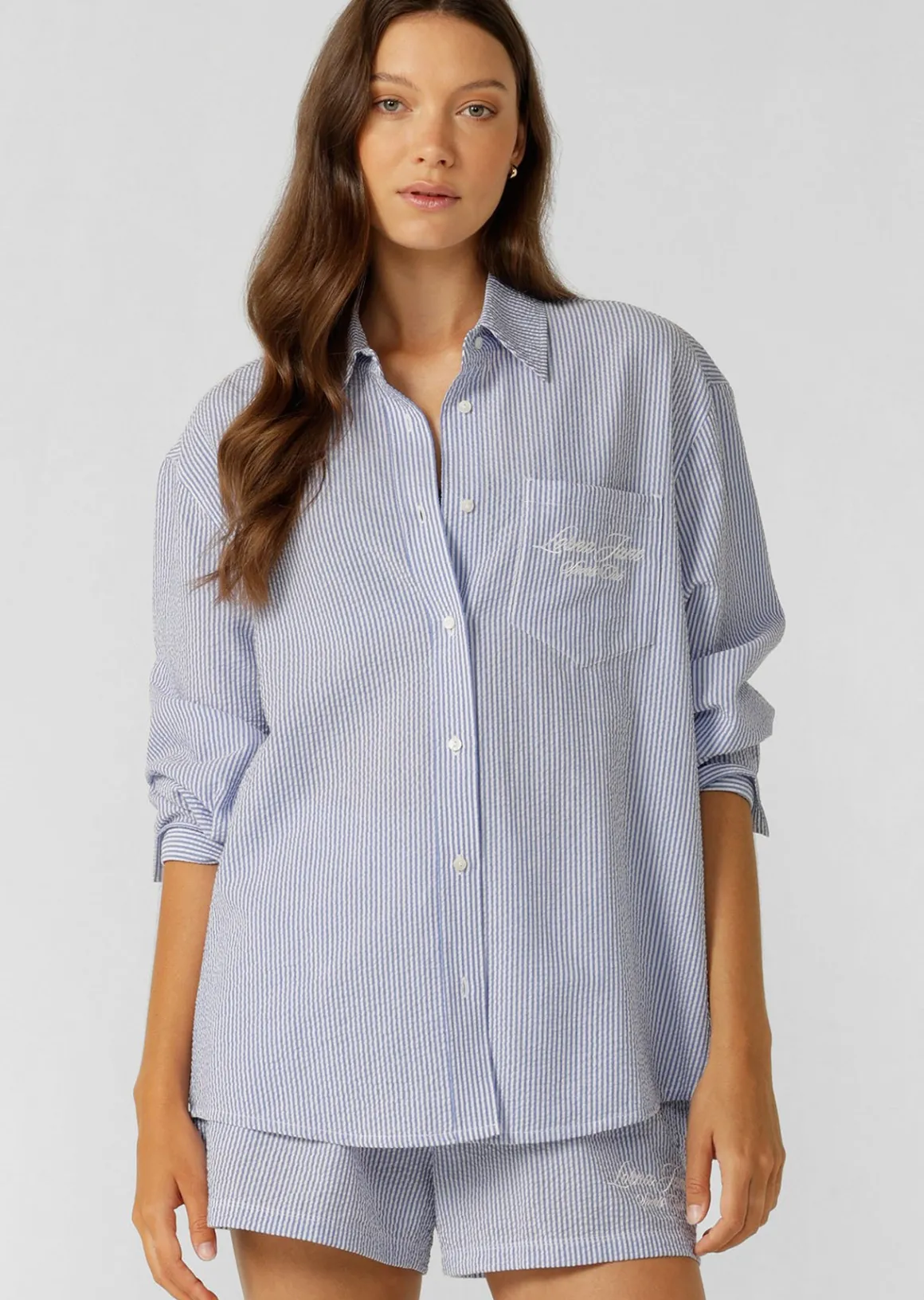 Lorna Jane Country Club Seersucker Shirt BlueStripe Discount