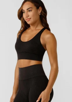 Lorna Jane It Girl Wide Rib Seamless Sports Bra WashedBlack Discount