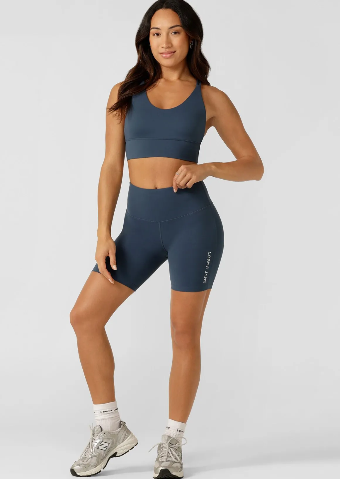 Lorna Jane Lotus No Chafe Phone Pocket 16cm Bike Shorts PaleIndigo Sale