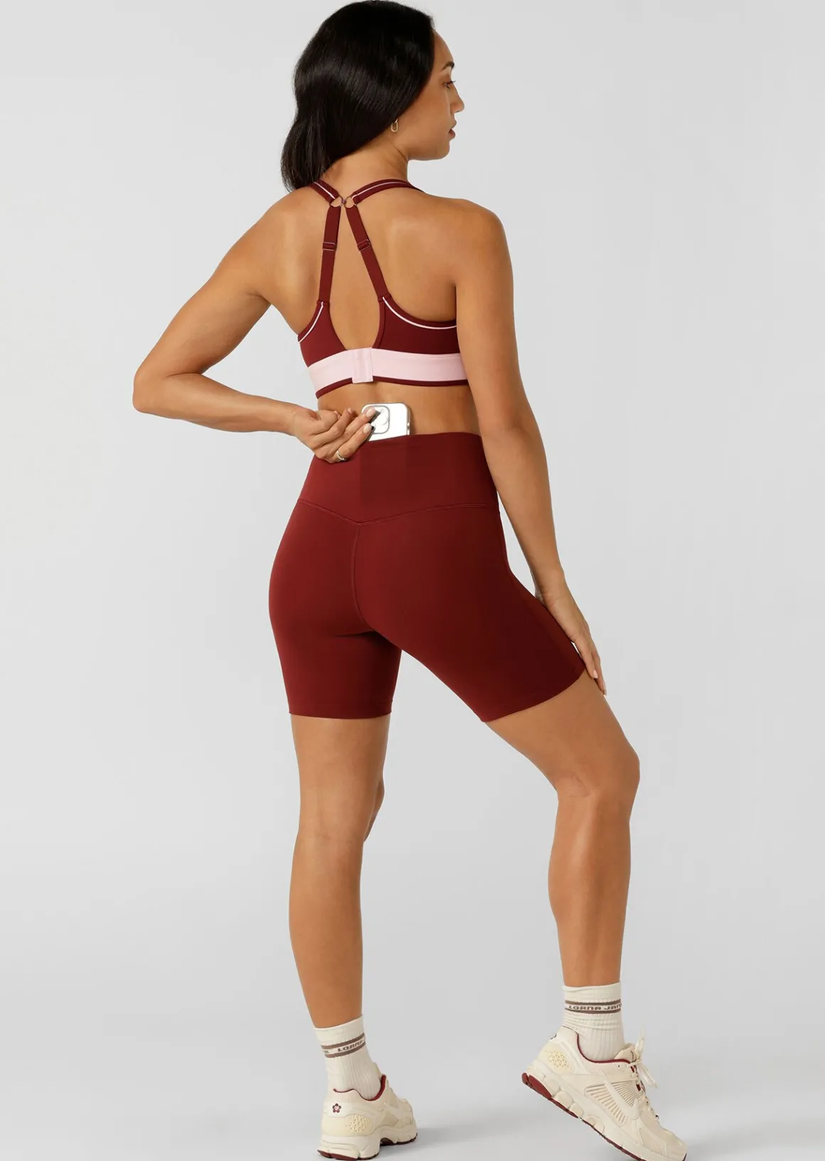 Lorna Jane Lotus No Chafe Phone Pocket 12cm Bike Shorts Merlot Hot