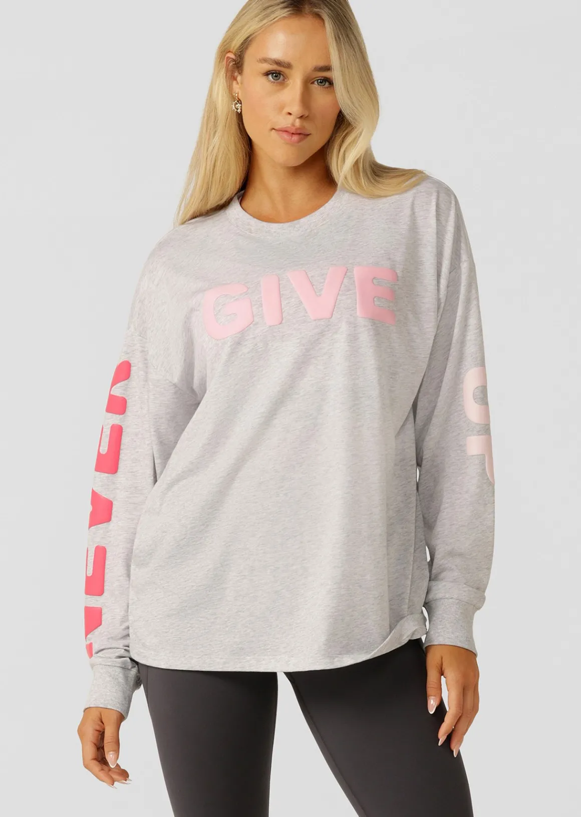 Lorna Jane Never Give Up Long Sleeve Relaxed Tee LightGreyMarl